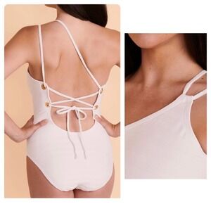 La Blanca‎ Island Goddess Lace Back One Shoulder One Piece- White, Size 12